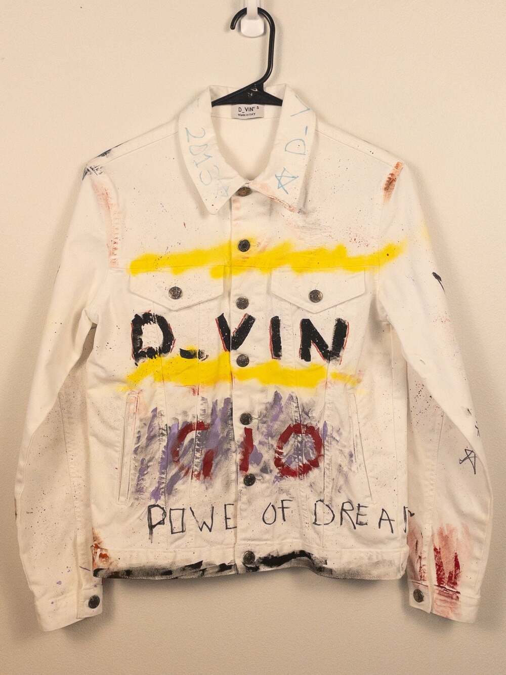 D_VIN'S Made in Italy White Denim Graffiti Trucker Jacket Streetwear Size S